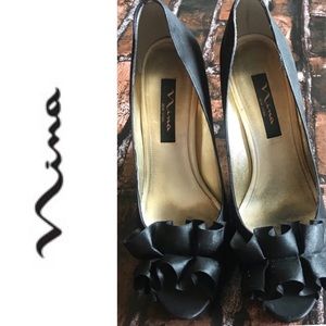 Nina Black Ruffle Peep Toe Heels